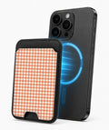 Terracotta Orange and White Gingham MagSafe Card Holder, magnetic attachment to a compatible iPhone