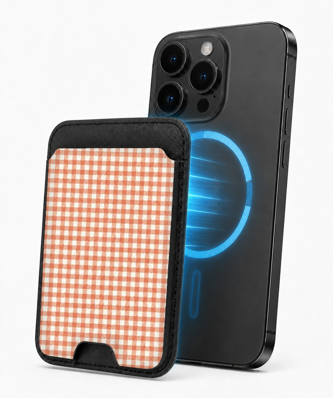 Terracotta Orange and White Gingham MagSafe Card Holder, magnetic attachment to a compatible iPhone