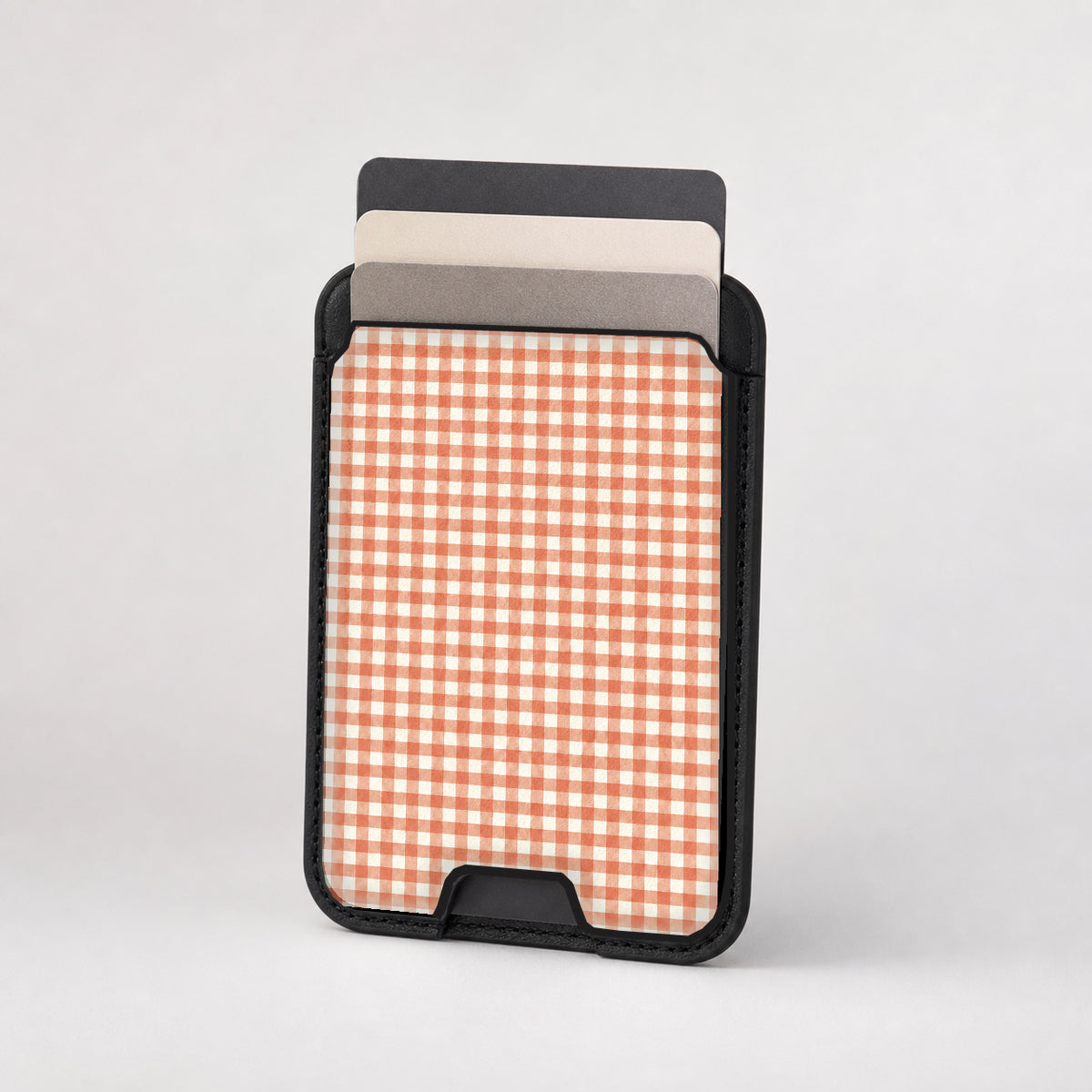 Terracotta Orange and White Gingham MagSafe Card Holder, card storage shown with cards