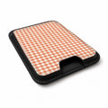 Terracotta Orange and White Gingham MagSafe Card Holder, angled view showing the thumb access opening