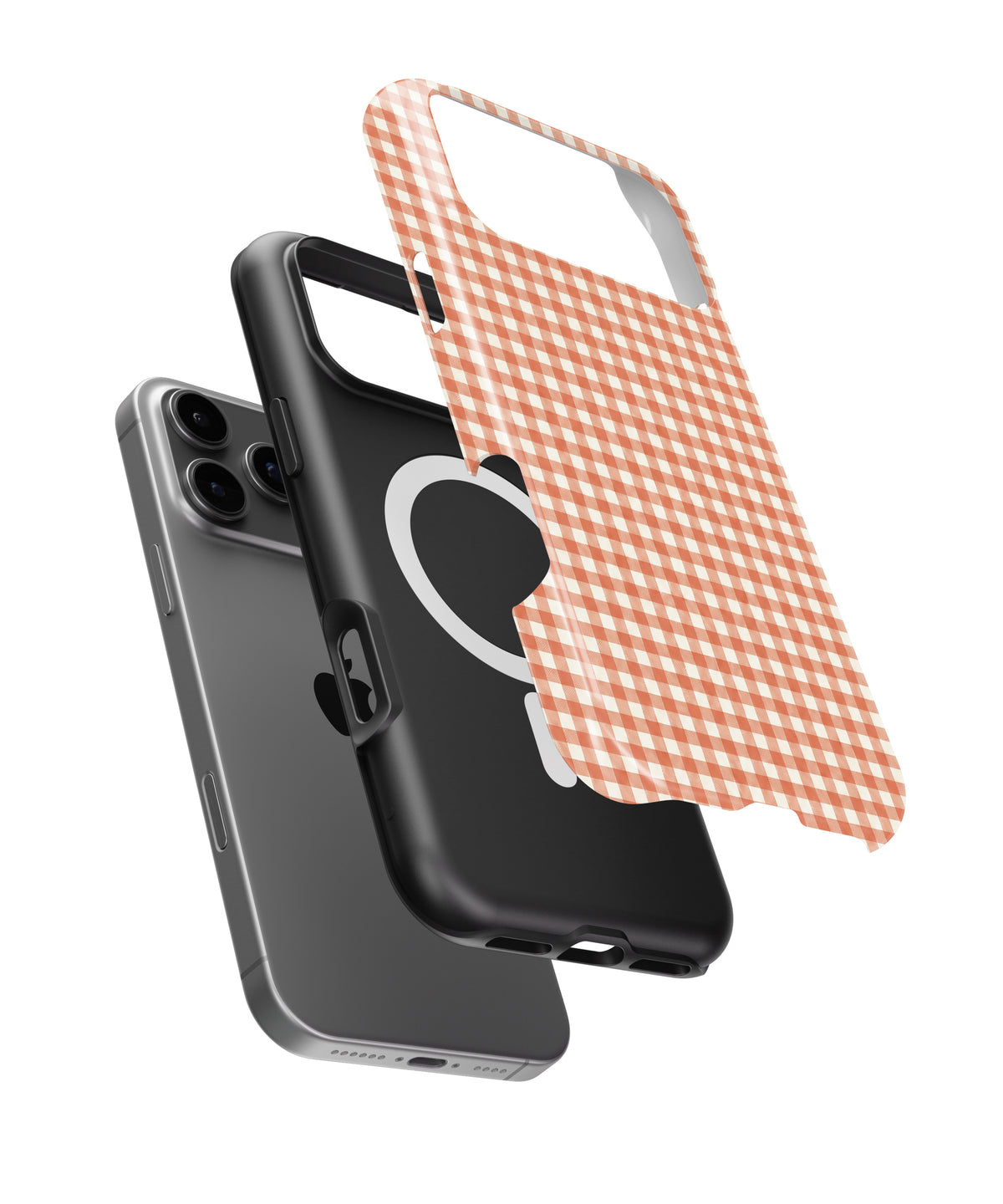 Terracotta Orange and White Gingham MagSafe iPhone Tough Case, exploded view showing outer shell, inner layer and magnetic ring