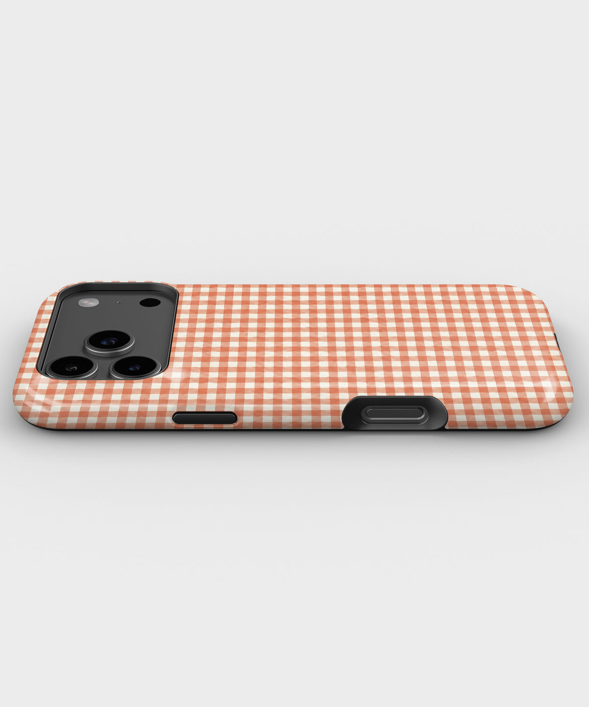 Terracotta Orange and White Gingham MagSafe iPhone Tough Case, side view showing case edges
