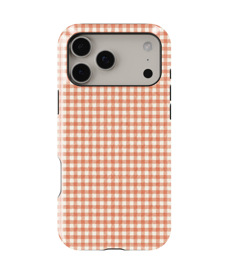 Terracotta Orange and White Gingham MagSafe iPhone Tough Case, rear view, iPhone17-18ProMax model image group