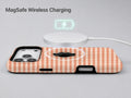 Terracotta Orange and White Gingham MagSafe Loop Case, shown with a MagSafe wireless charger