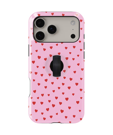Tiny Red Hearts MagSafe Loop iPhone Case with built-in finger loop closed