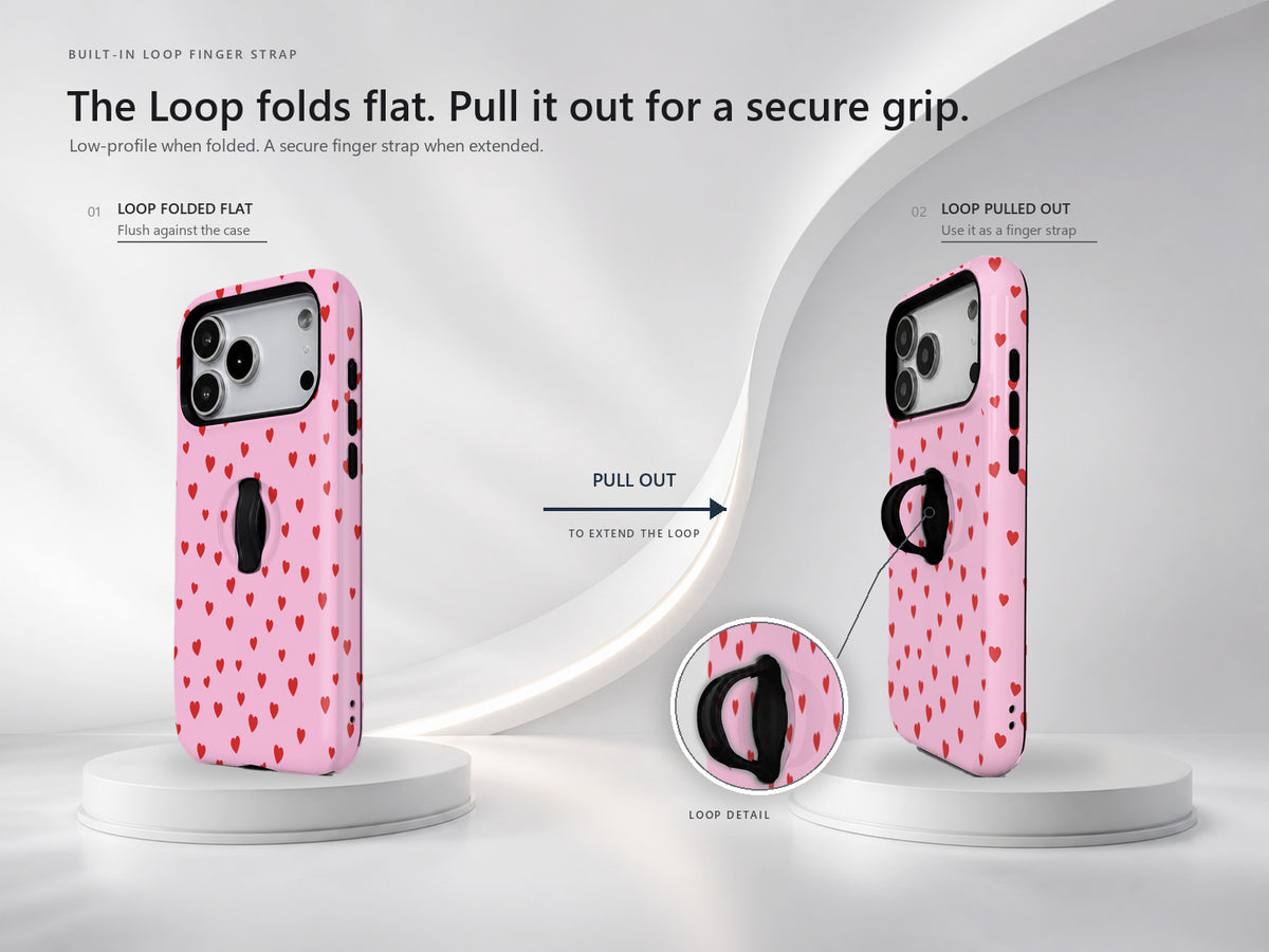 Tiny Red Hearts MagSafe Loop iPhone Case side view showing the built-in finger loop