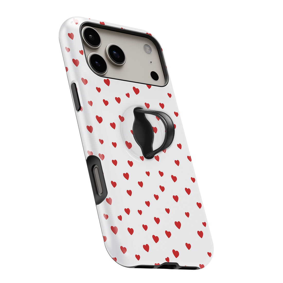 Tiny Red Hearts MagSafe Loop iPhone case with built-in finger loop open