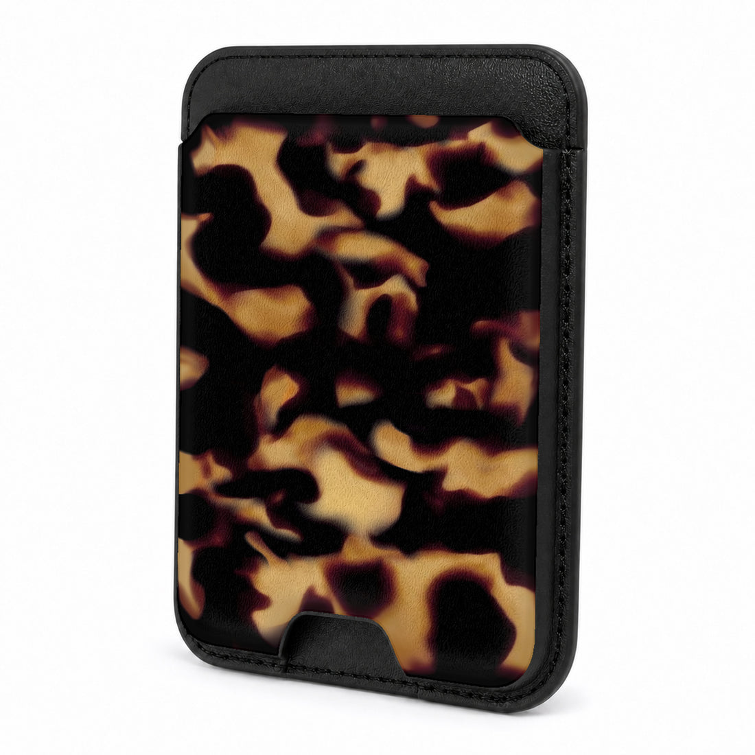Front view of the Tortoiseshell MagSafe card holder on a white background