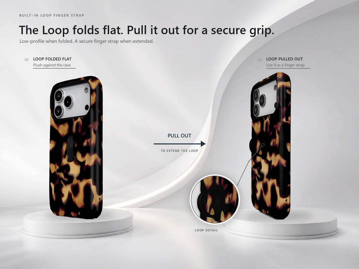 Tortoiseshell MagSafe Loop iPhone Case side view showing the built-in finger loop