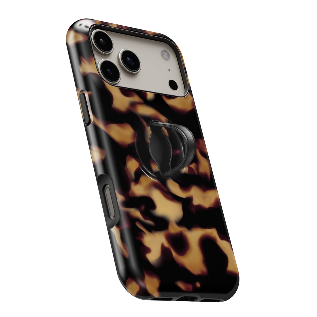 Tortoiseshell MagSafe Loop iPhone case with built-in finger loop open
