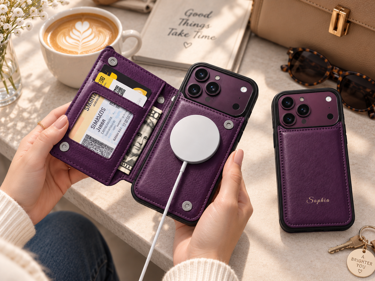 Purple personalized wallet phone cases on a cafe table beside coffee, with an open card holder and magnetic charging puck.