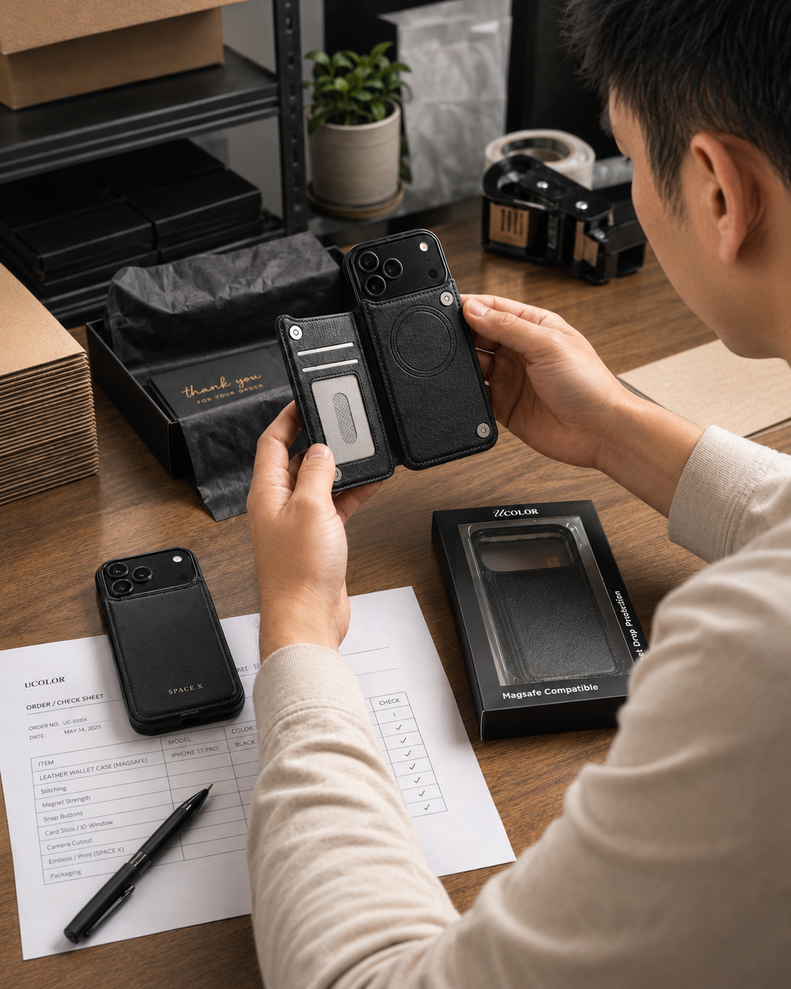 A person examining a black wallet phone case at a worktable with packaging and an order checklist.