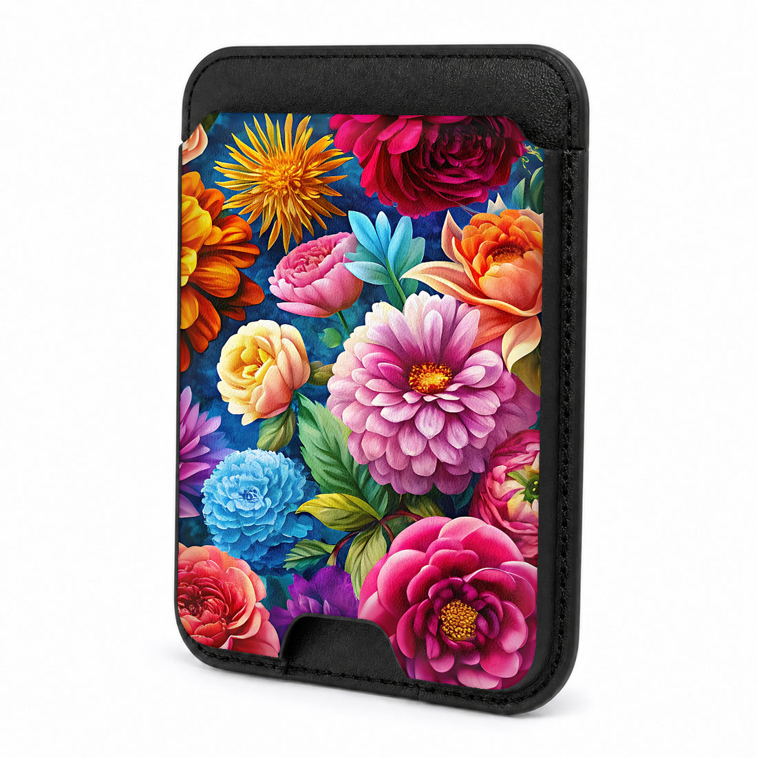 Front view of the Vibrant Garden Floral Bouquet MagSafe card holder on a white background