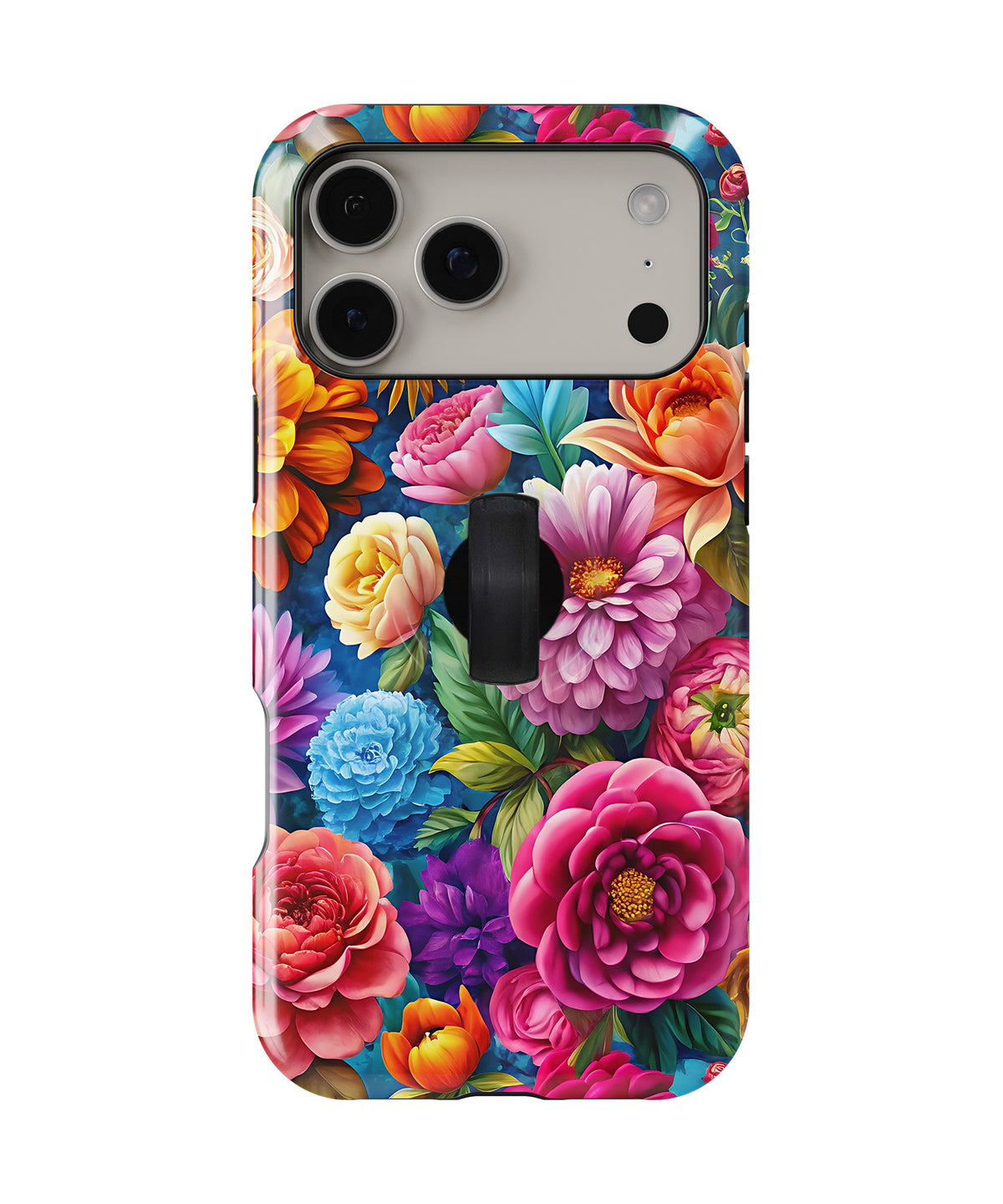 Vibrant Garden Floral Bouquet MagSafe Loop iPhone Case with built-in finger loop closed