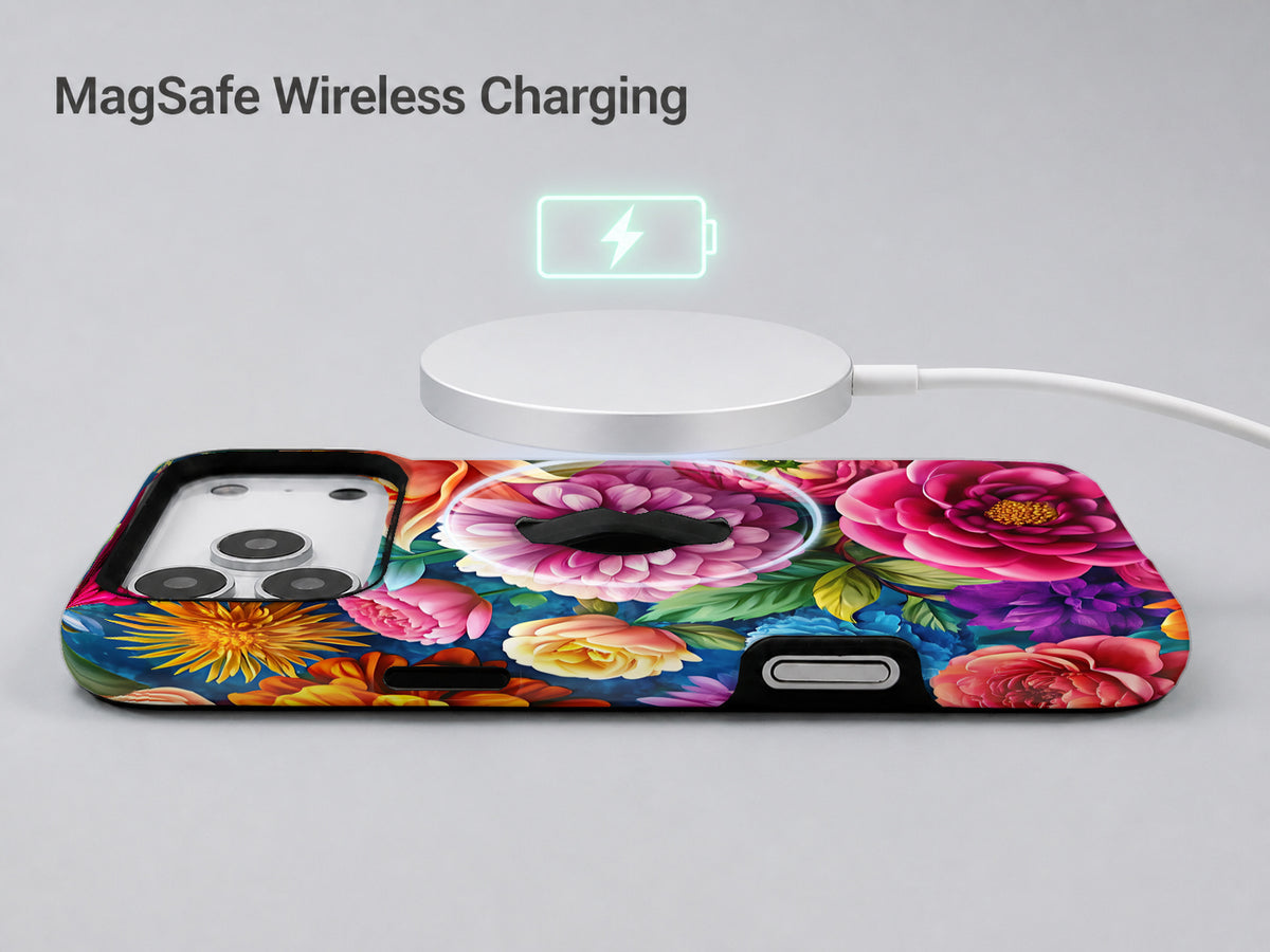 Vibrant Garden Floral Bouquet MagSafe Loop iPhone Case shown with a MagSafe-compatible wireless charger attached