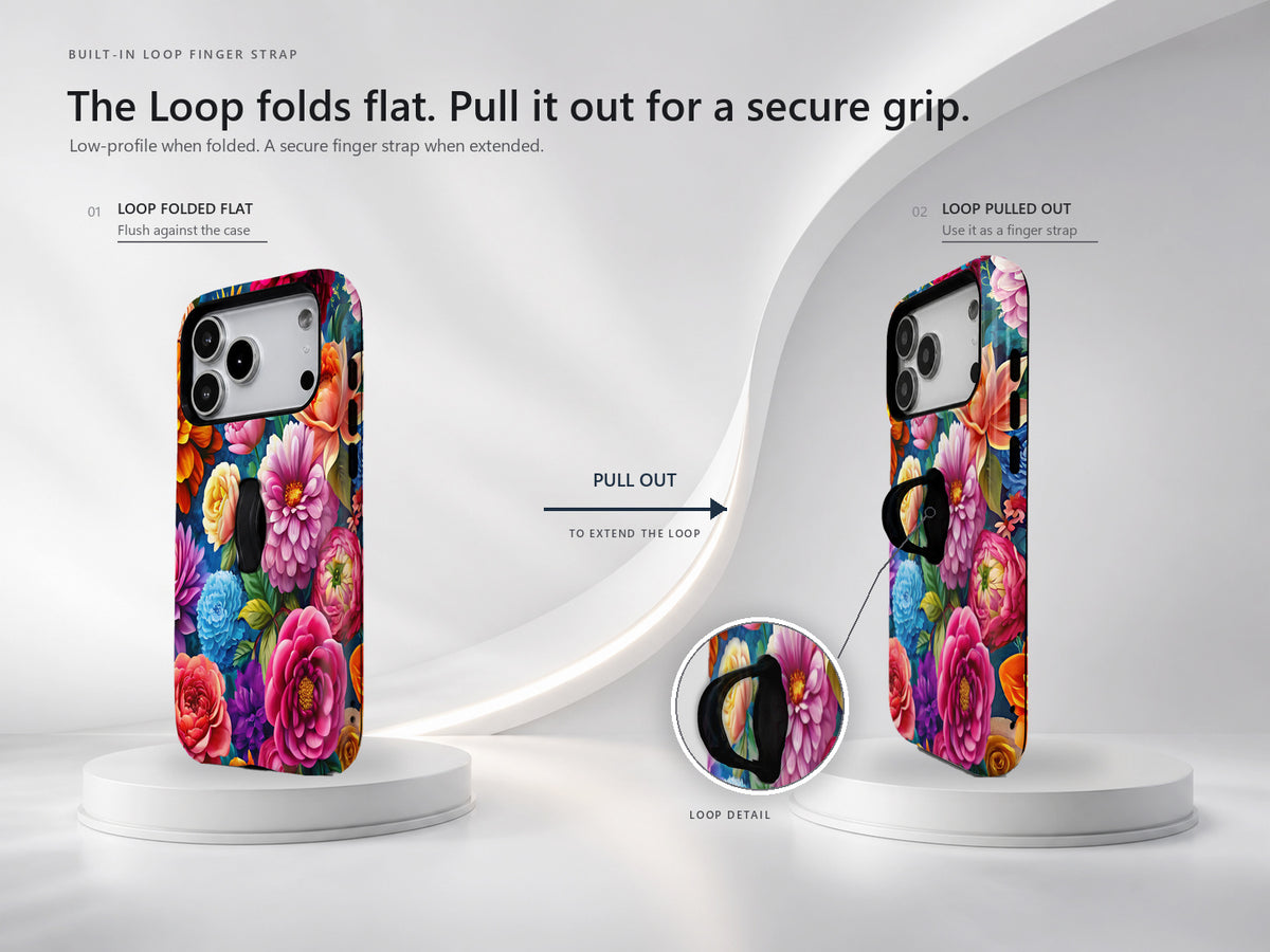 Vibrant Garden Floral Bouquet MagSafe Loop iPhone Case side view showing the built-in finger loop