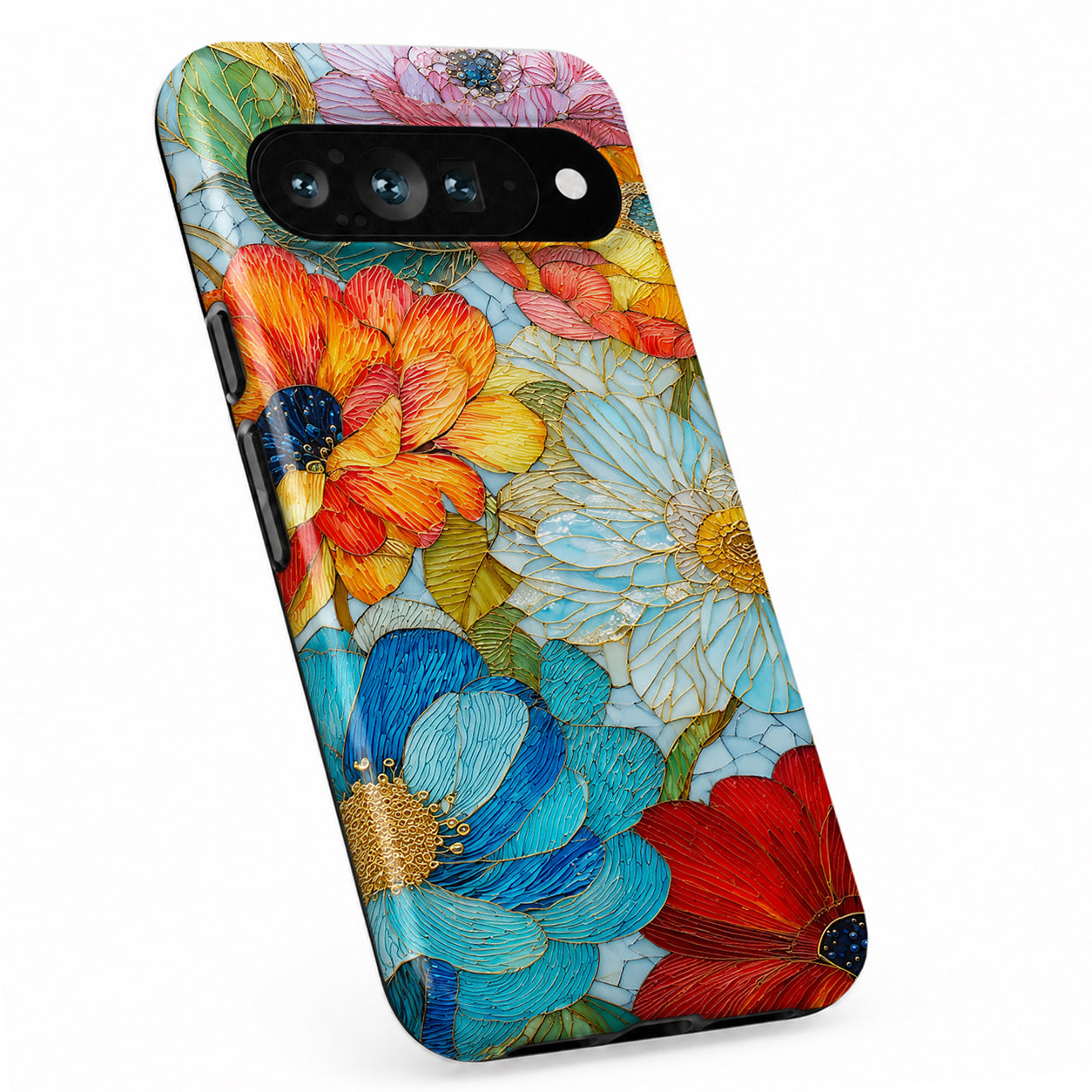 Vibrant Poppy Stained Glass Google Pixel case with botanical flowers and leaves