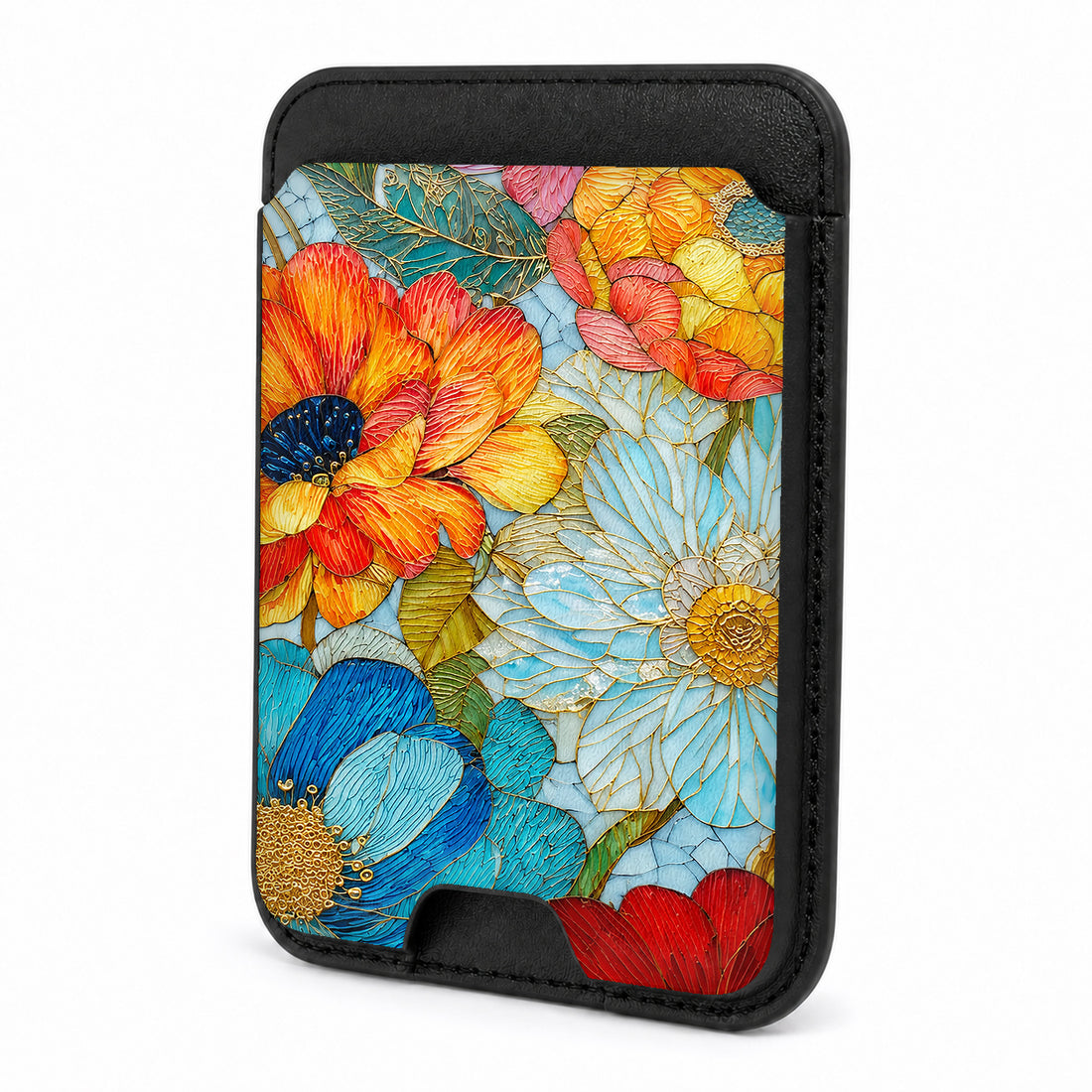 Front view of the Vibrant Poppy Stained Glass MagSafe card holder on a white background