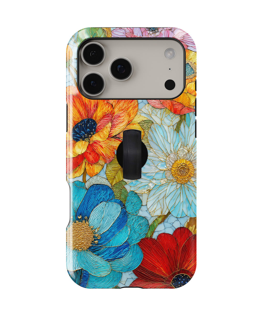 Vibrant Poppy Stained Glass MagSafe Loop iPhone Case with built-in finger loop closed