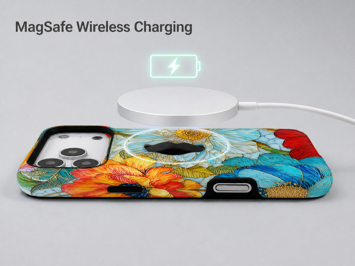 Vibrant Poppy Stained Glass MagSafe Loop iPhone Case shown with a MagSafe-compatible wireless charger attached