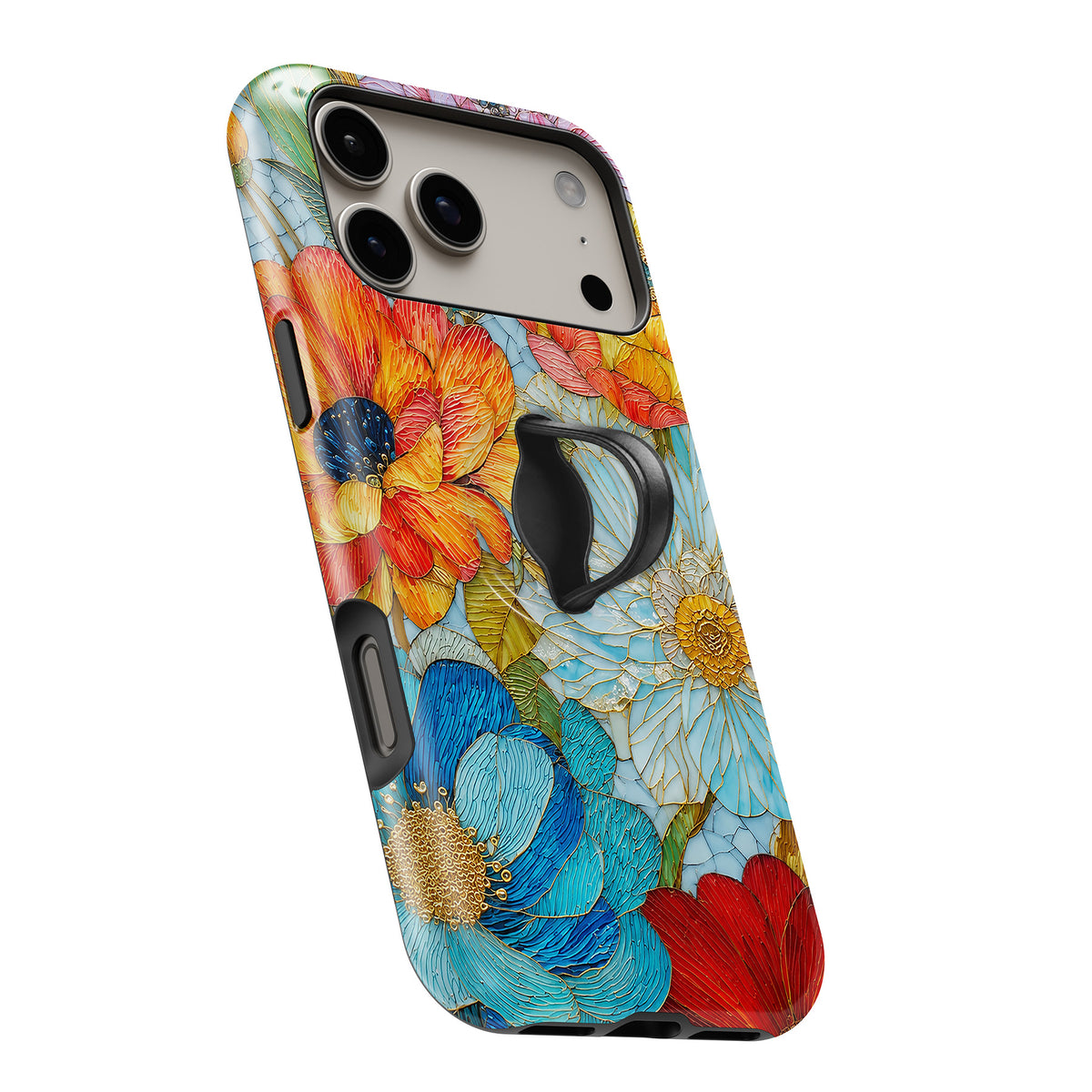 Vibrant Poppy Stained Glass MagSafe Loop iPhone case with built-in finger loop open