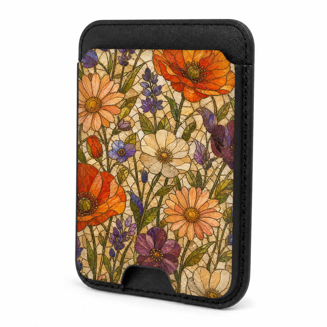 Front view of the Vintage Autumn Wildflower MagSafe card holder on a white background