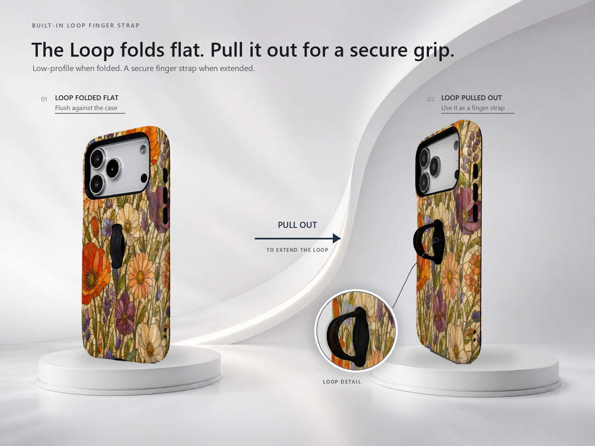Vintage Autumn Wildflower MagSafe Loop iPhone Case side view showing the built-in finger loop