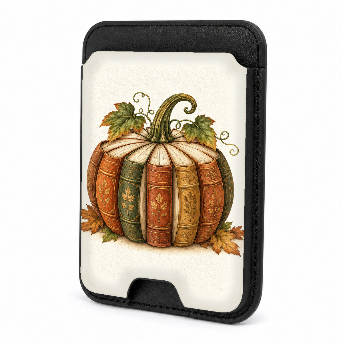 Vintage Book Pumpkin MagSafe Card Holder, front view