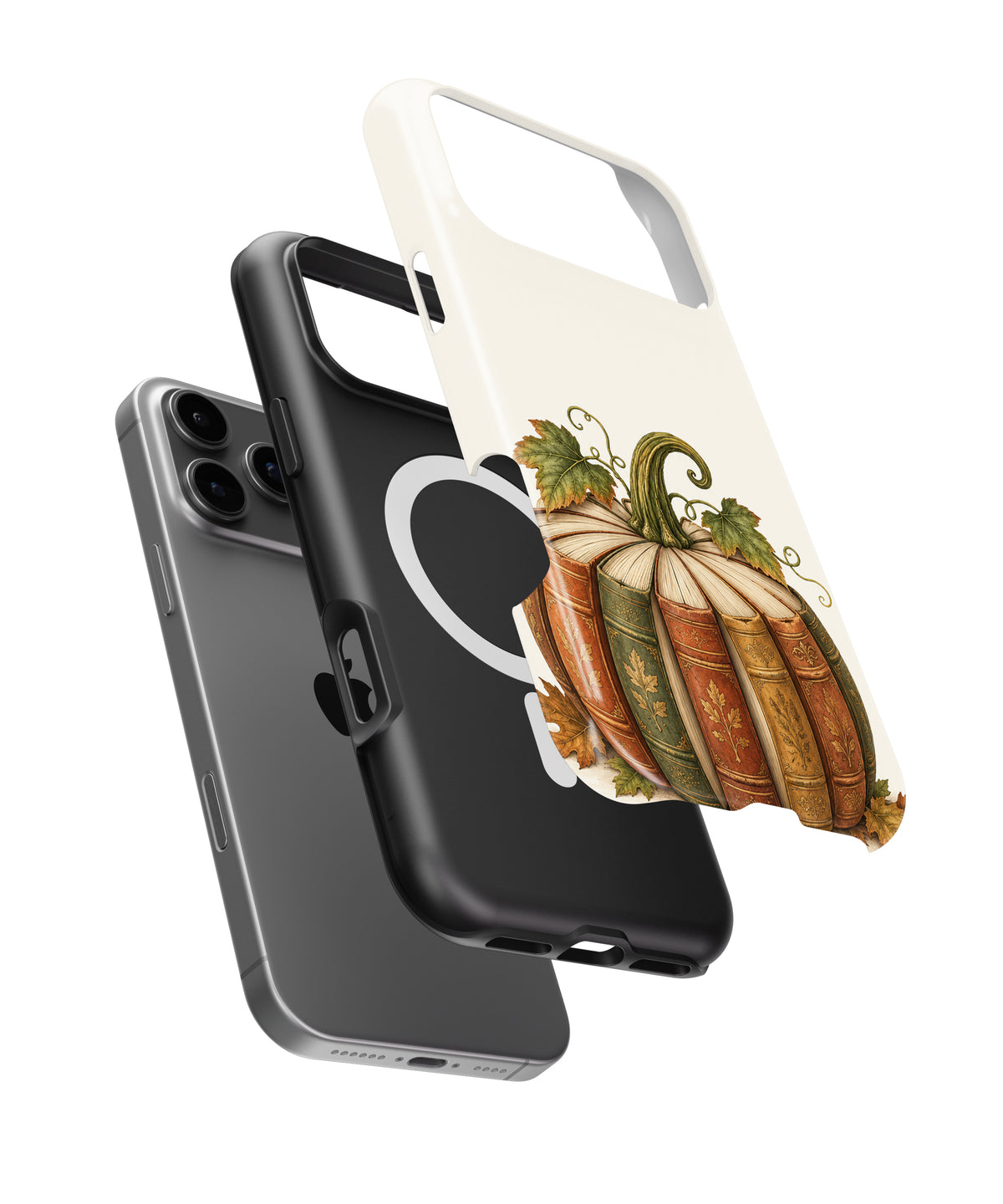 Vintage Book Pumpkin MagSafe iPhone Tough Case, exploded view showing outer shell, inner layer and magnetic ring
