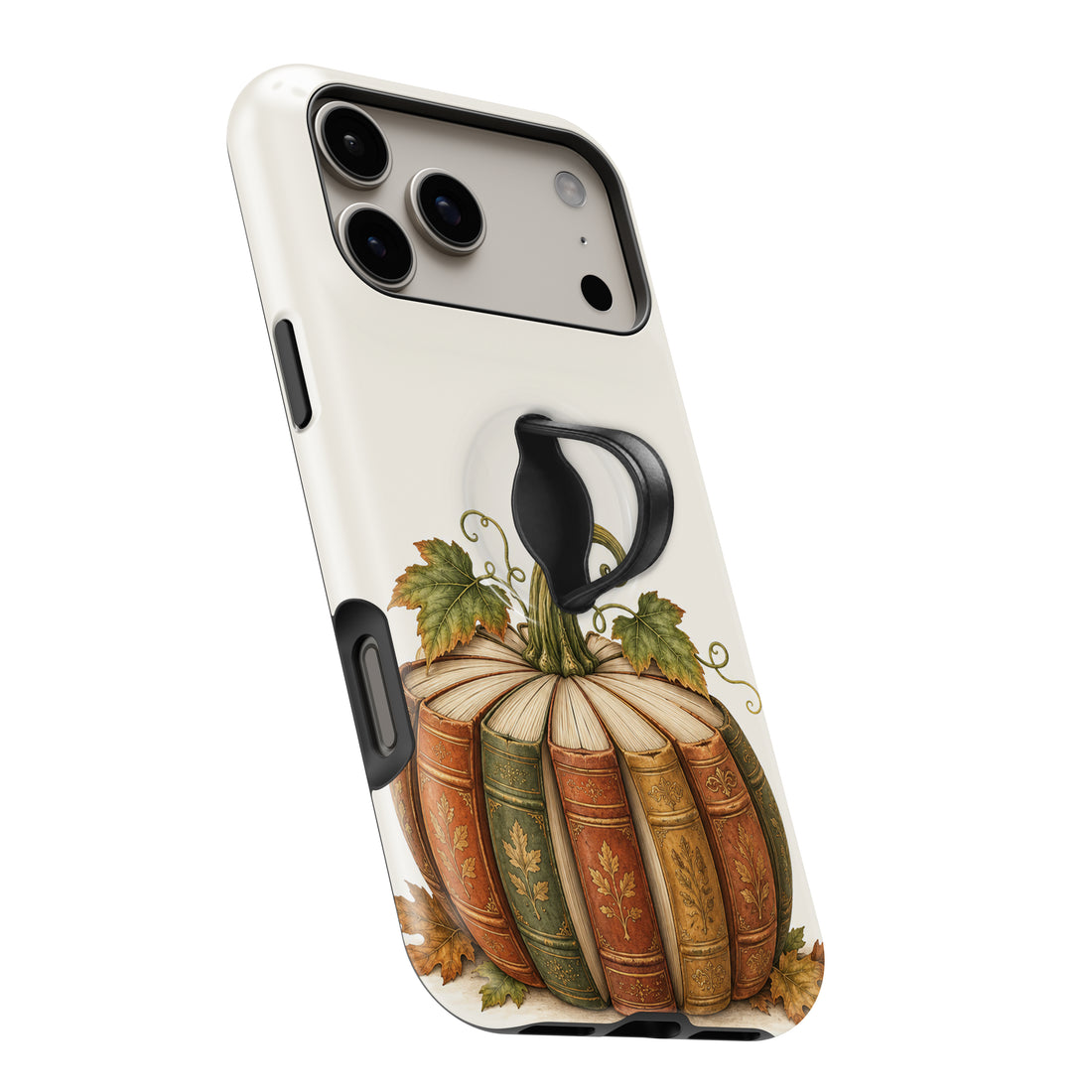 Vintage Book Pumpkin MagSafe Loop Case, angled view with finger loop extended