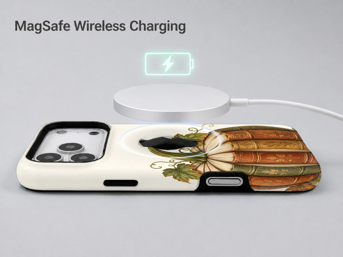 Vintage Book Pumpkin MagSafe Loop Case, shown with a MagSafe wireless charger