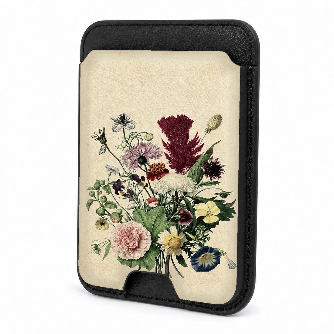 Front view of the Vintage Botanical Bouquet MagSafe card holder on a white background