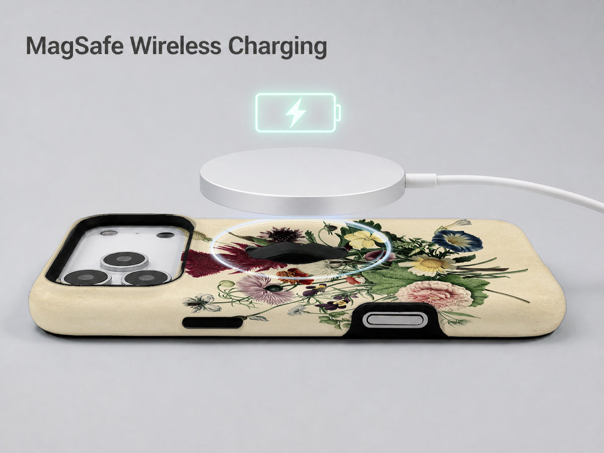 Vintage Botanical Bouquet MagSafe Loop iPhone Case shown with a MagSafe-compatible wireless charger attached
