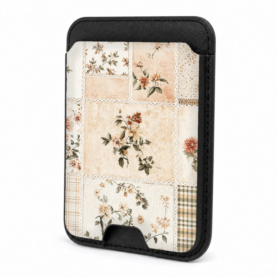 Front view of the Vintage Botanical Collage MagSafe card holder on a white background