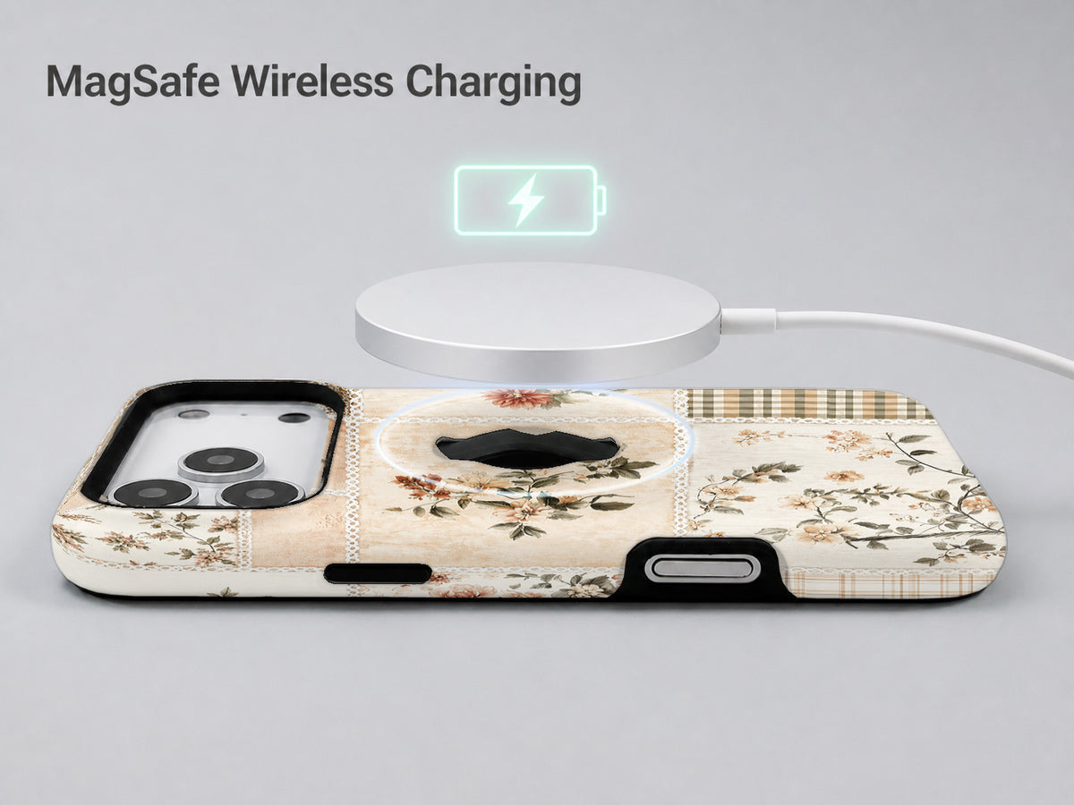 Vintage Botanical Collage MagSafe Loop iPhone Case shown with a MagSafe-compatible wireless charger attached