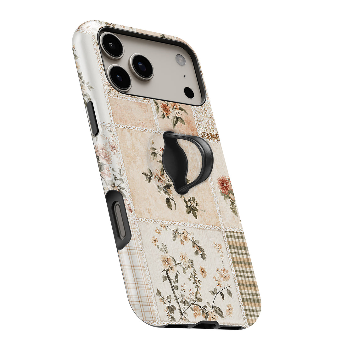 Vintage Botanical Collage MagSafe Loop iPhone case with built-in finger loop open