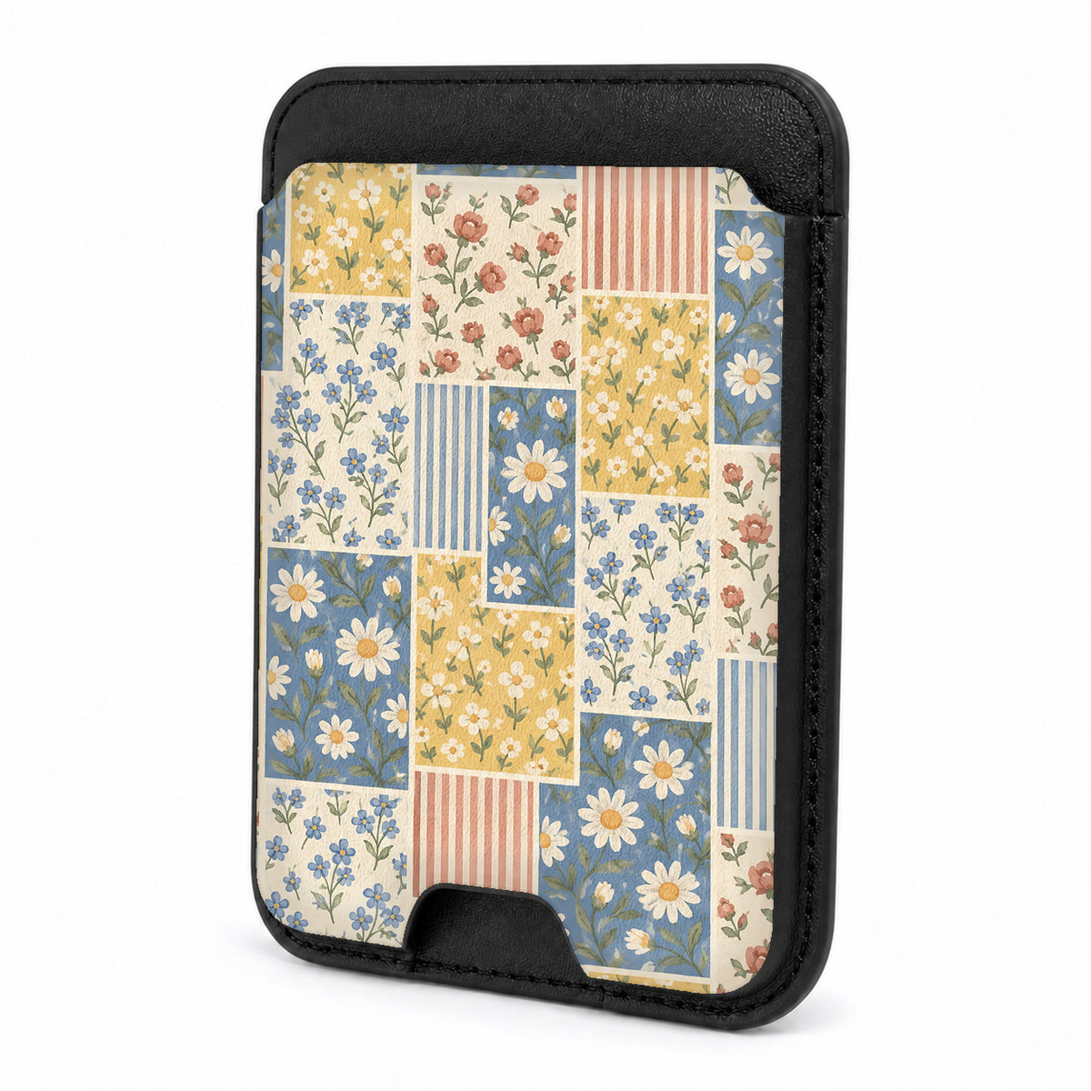 Blue and Yellow Daisy Floral Patchwork MagSafe Card Holder, front view