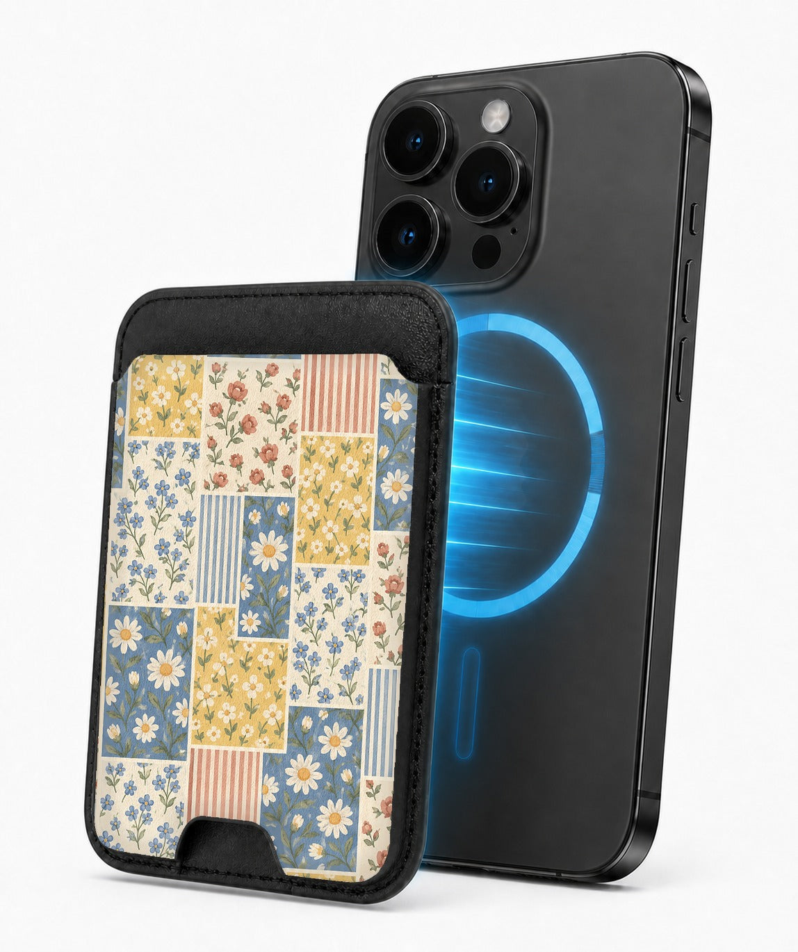 Blue and Yellow Daisy Floral Patchwork MagSafe Card Holder, magnetic attachment to a compatible iPhone