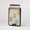 Blue and Yellow Daisy Floral Patchwork MagSafe Card Holder, card storage shown with cards