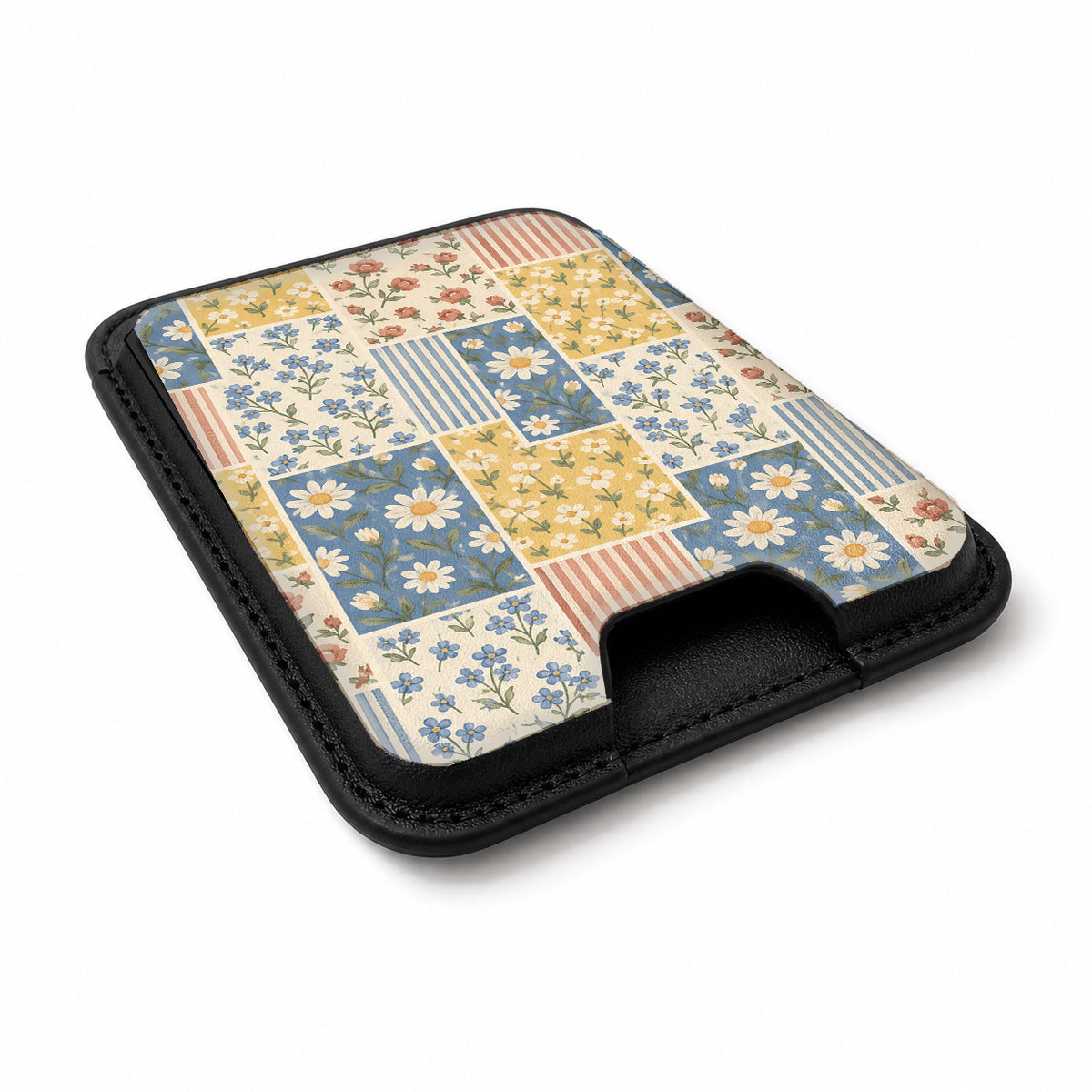Blue and Yellow Daisy Floral Patchwork MagSafe Card Holder, angled view showing the thumb access opening