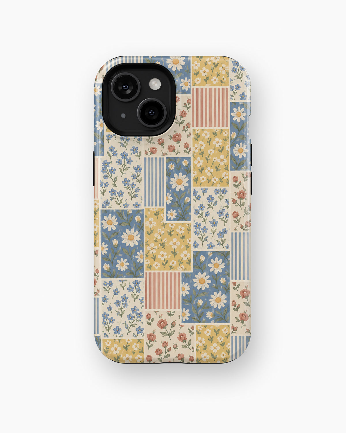 Blue and Yellow Daisy Floral Patchwork MagSafe iPhone Tough Case, rear view, iPhone11-15 model image group