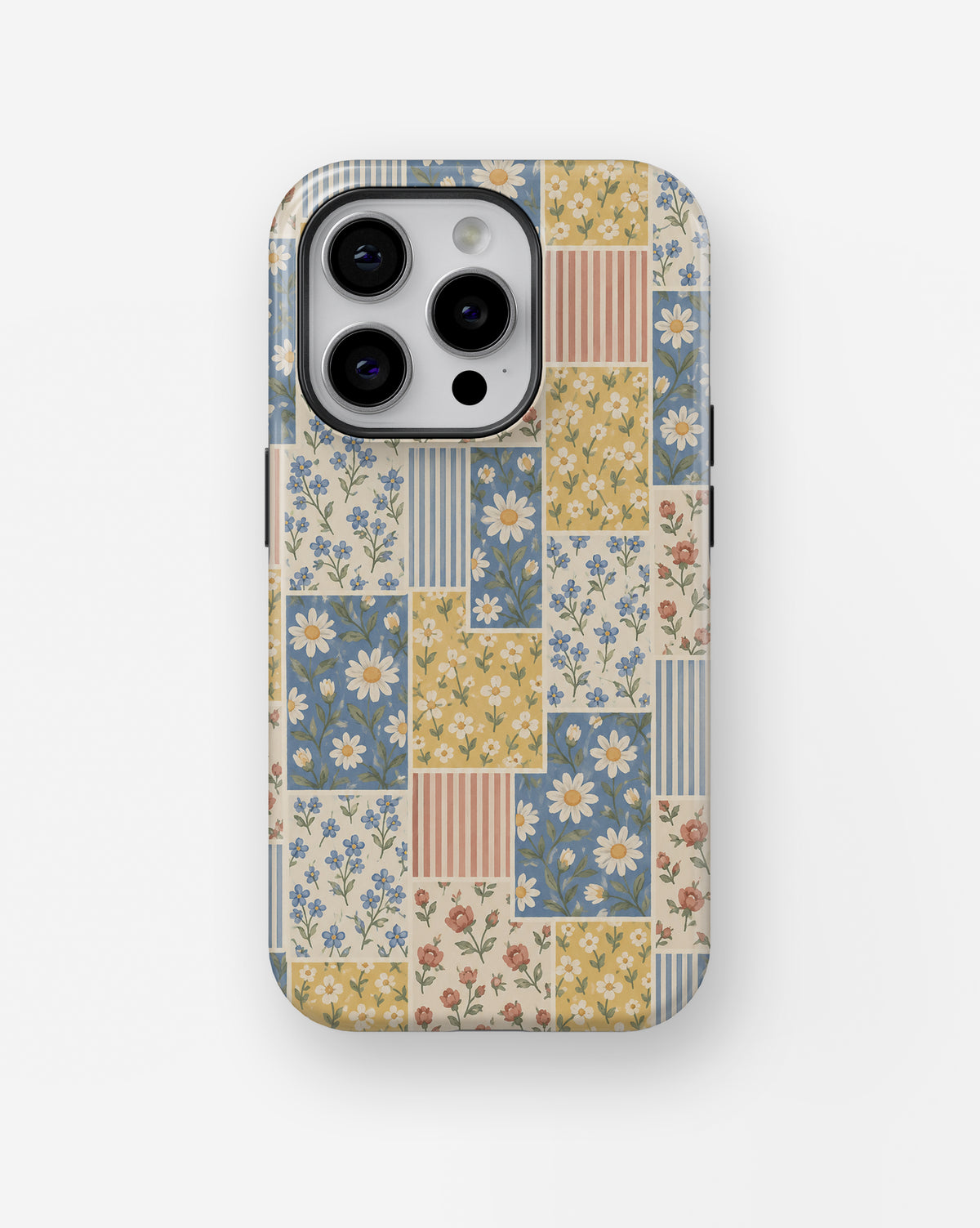 Blue and Yellow Daisy Floral Patchwork MagSafe iPhone Tough Case, rear view, iPhone11-16Pro model image group