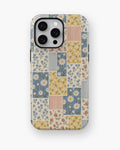 Blue and Yellow Daisy Floral Patchwork MagSafe iPhone Tough Case, rear view, iPhone11-16ProMax model image group