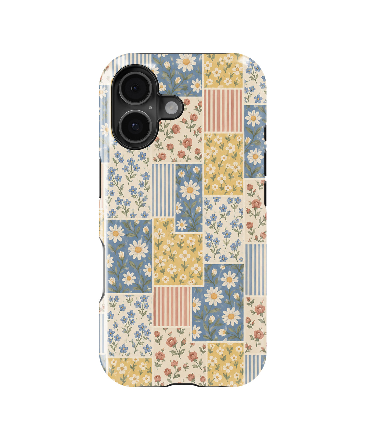 Blue and Yellow Daisy Floral Patchwork MagSafe iPhone Tough Case, rear view, iPhone16+16Plus+17 model image group