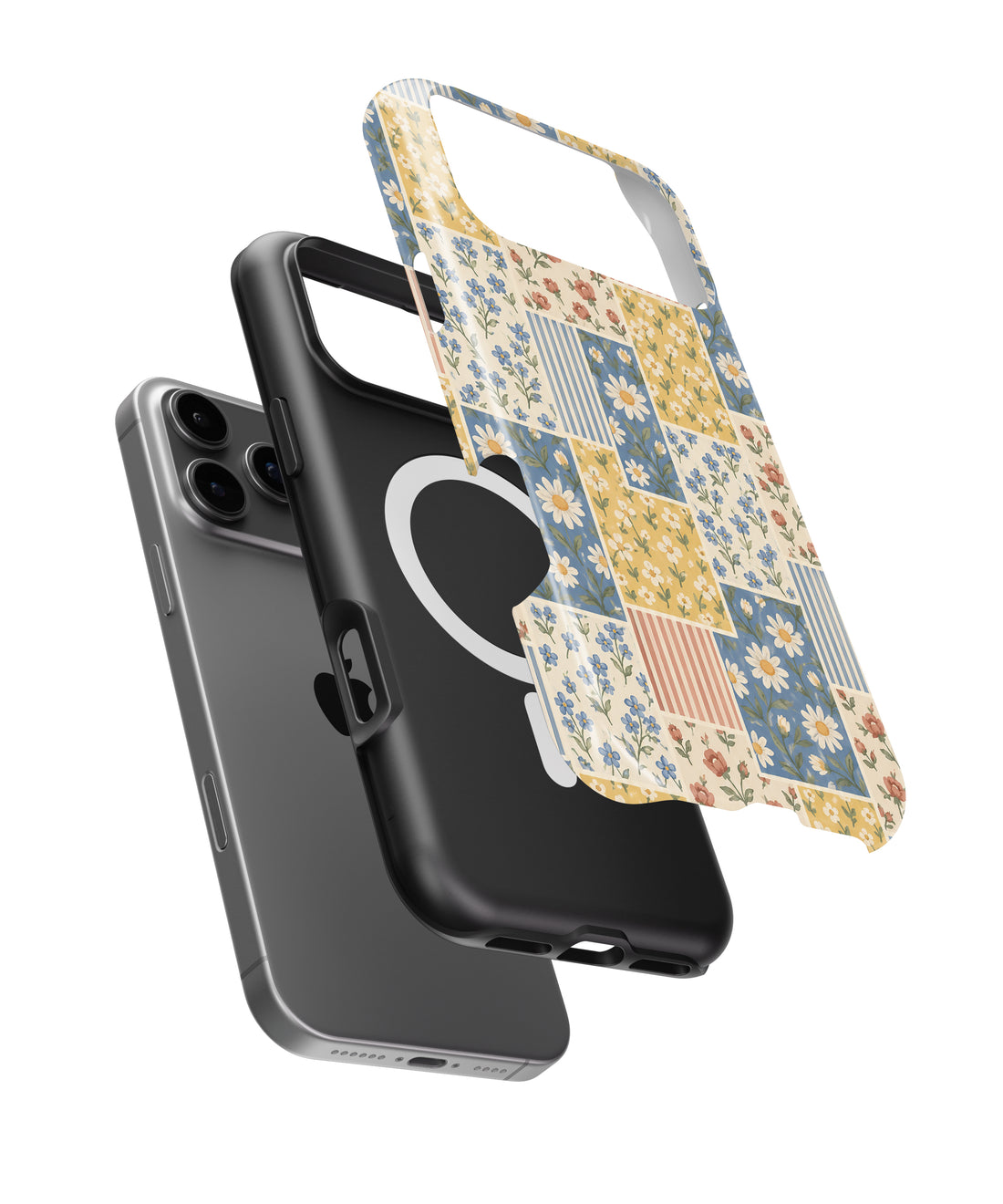 Blue and Yellow Daisy Floral Patchwork MagSafe iPhone Tough Case, exploded view showing outer shell, inner layer and magnetic ring