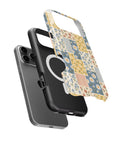 Blue and Yellow Daisy Floral Patchwork MagSafe iPhone Tough Case, exploded view showing outer shell, inner layer and magnetic ring