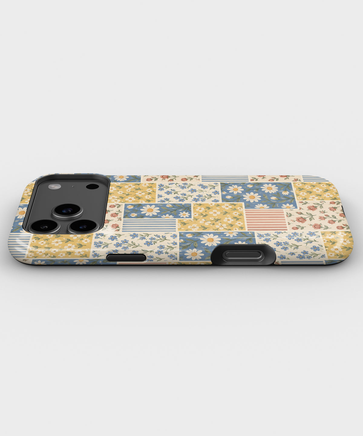 Blue and Yellow Daisy Floral Patchwork MagSafe iPhone Tough Case, side view showing case edges