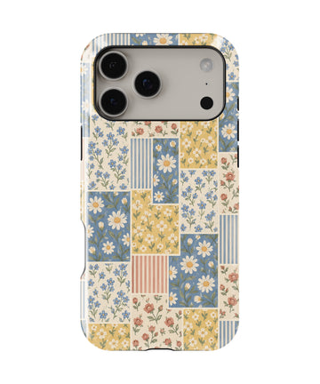 Blue and Yellow Daisy Floral Patchwork MagSafe iPhone Tough Case, rear view, iPhone17-18ProMax model image group