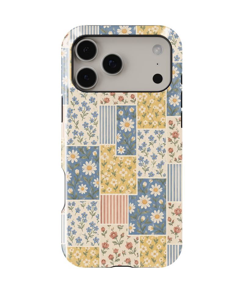 Blue and Yellow Daisy Floral Patchwork MagSafe iPhone Tough Case, rear view, iPhone17-18ProMax model image group