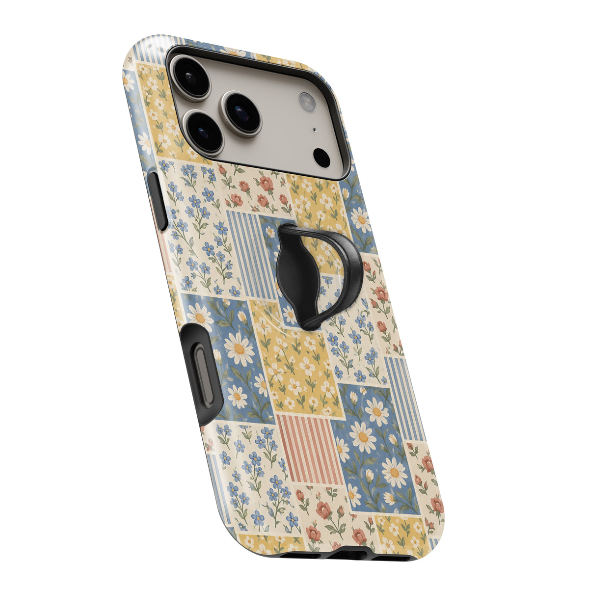Blue and Yellow Daisy Floral Patchwork MagSafe Loop Case, angled view with finger loop extended